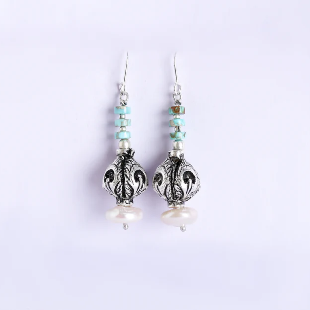 Silver Carved Bead Earrings-3