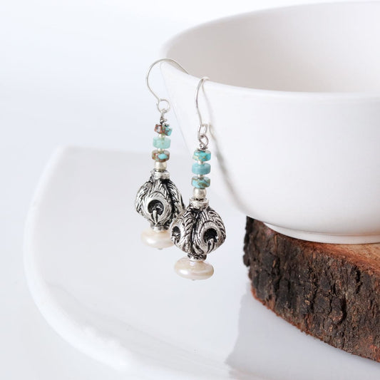 Silver Carved Bead Earrings-0