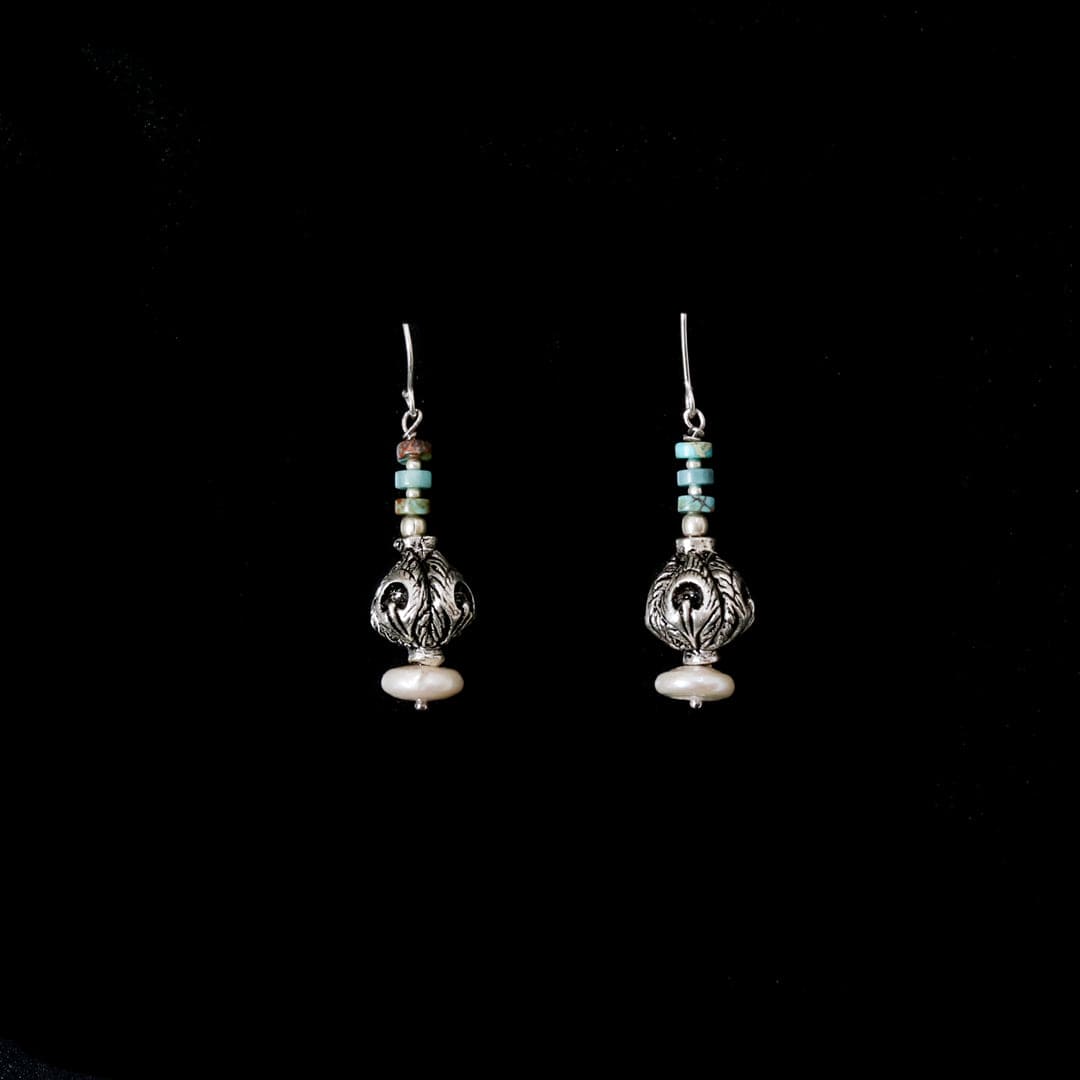 Silver Carved Bead Earrings-1
