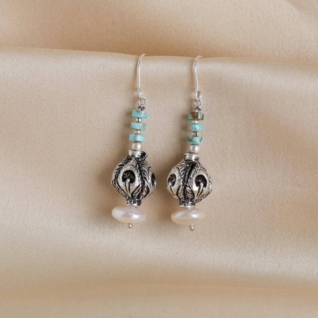 Silver Carved Bead Earrings-2
